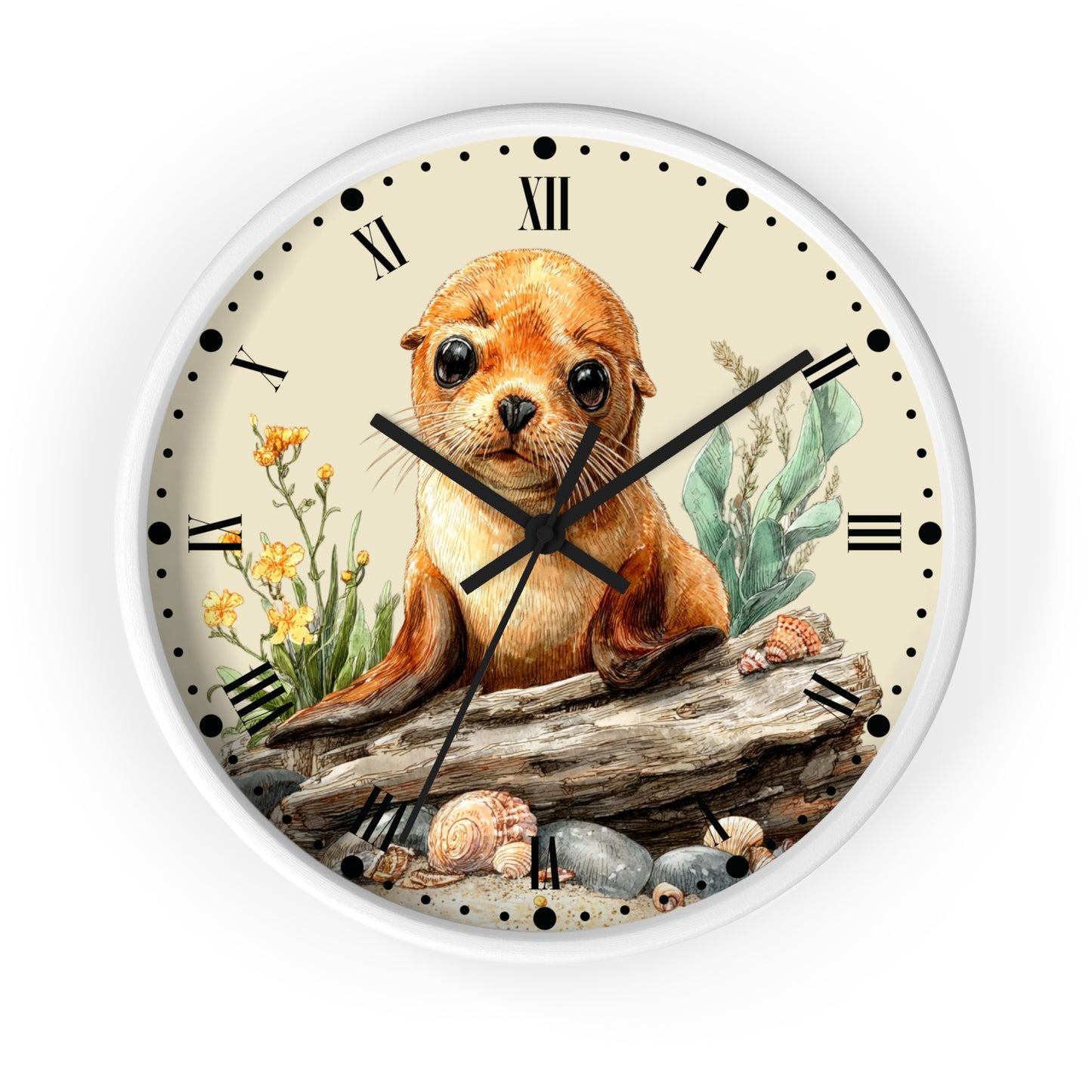 Round wall clock with a white frame and a cream-colored face featuring an illustration of a seal pup sitting on a log with flowers and shells. The clock has black Roman numerals and black hands.