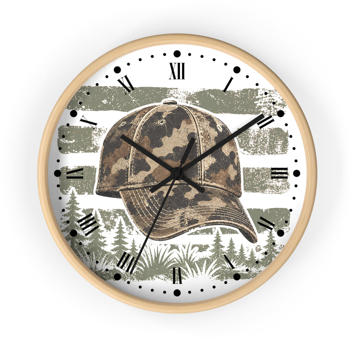 Round wall clock with a light wood frame, featuring a camouflage baseball cap graphic over a distressed olive green and white American flag design, with black Roman numerals and clock hands on a white face.