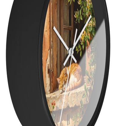 Sleeping Ginger Cat Wall Clock — Rustic Animal Home Decor