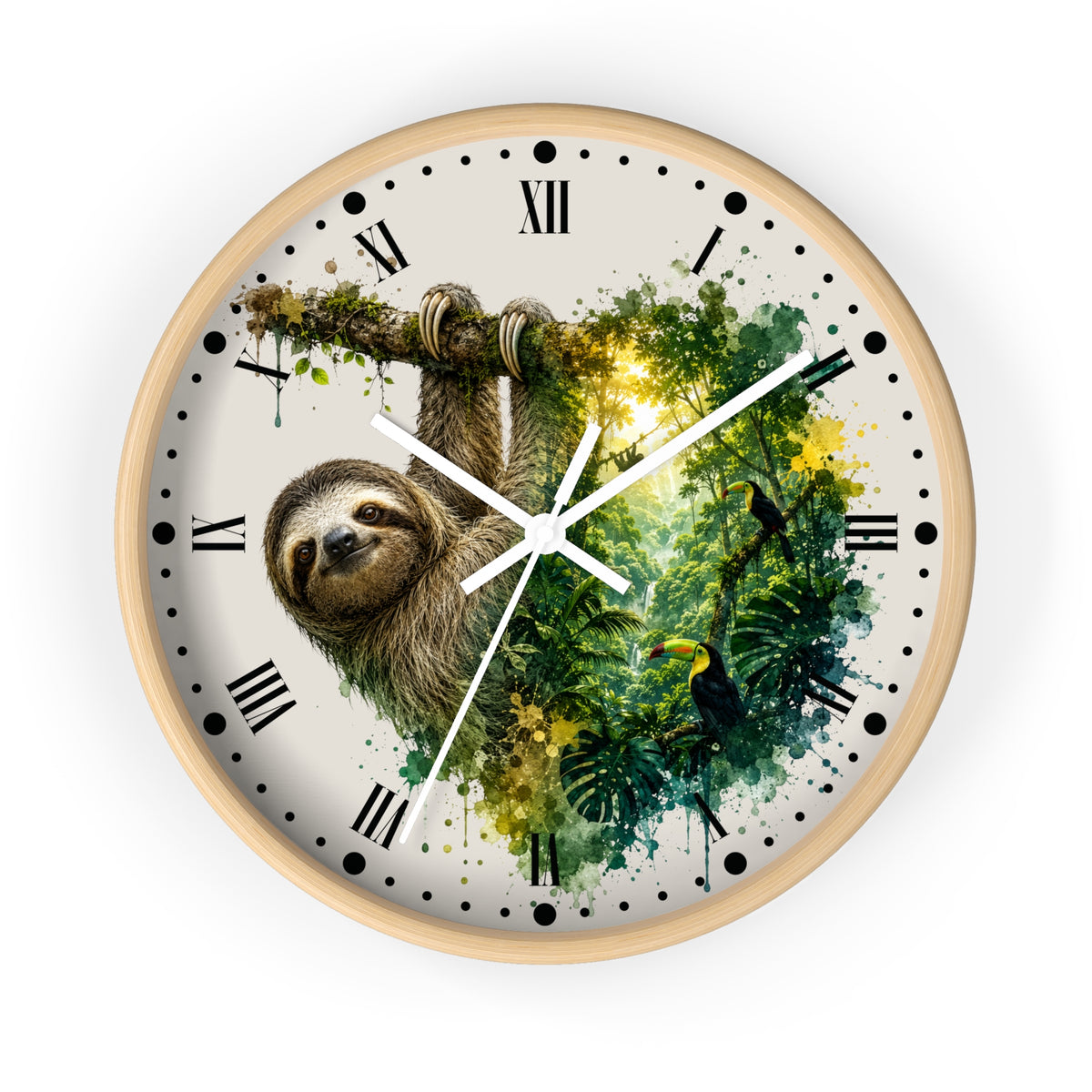 A round wall clock with a light wood frame and a printed face featuring a sloth hanging from a branch over green tropical foliage, with black Roman numerals and white clock hands on a white background.