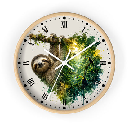 A round wall clock with a light wood frame and a printed face featuring a sloth hanging from a branch over green tropical foliage, with black Roman numerals and white clock hands on a white background.