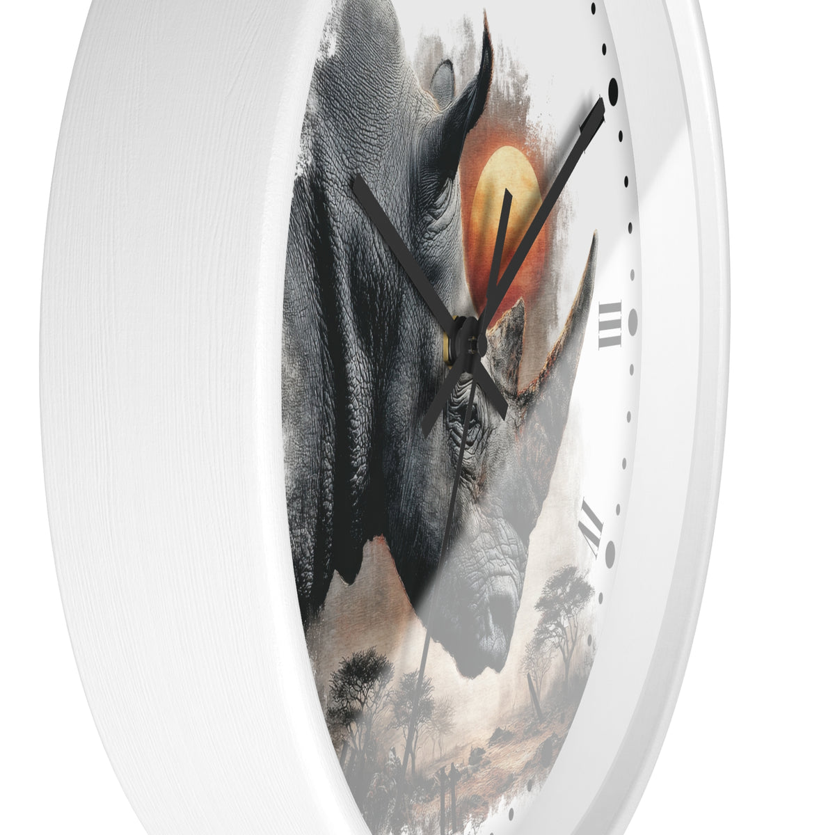 A white round wall clock with a printed rhinoceros and savanna scene on the face, black hands, and black Roman numerals on a clean white background.