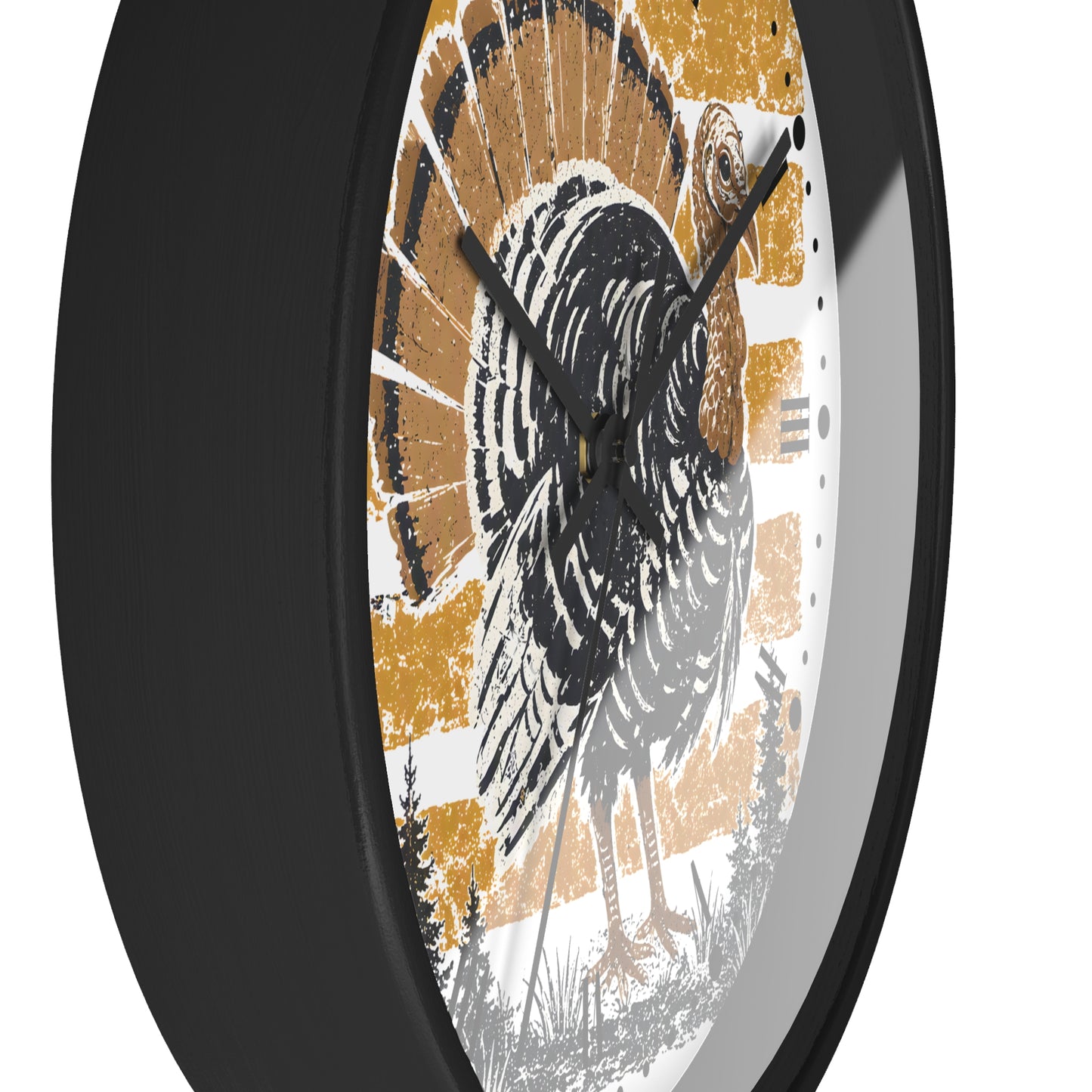 A close-up of a round wall clock with a black frame and a rustic turkey design on the face. The clock has a distressed pattern with black, white, and mustard yellow colors, and black hands.