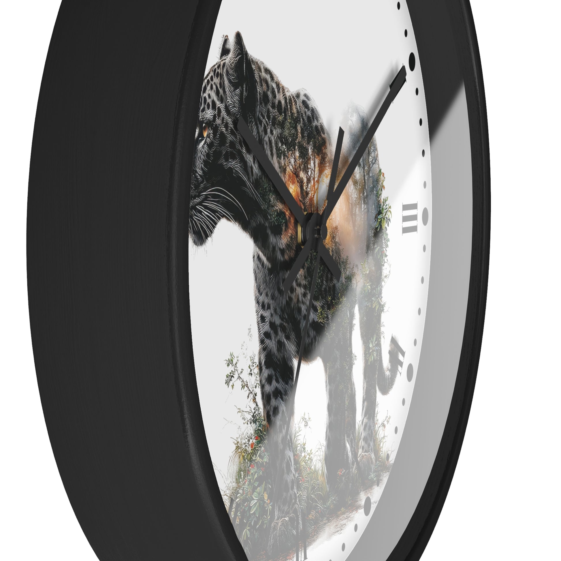A close-up of a round wall clock with a black frame and a white face featuring a photographic print of a spotted big cat overlaid with a forest scene. The clock is shown against a plain white background.