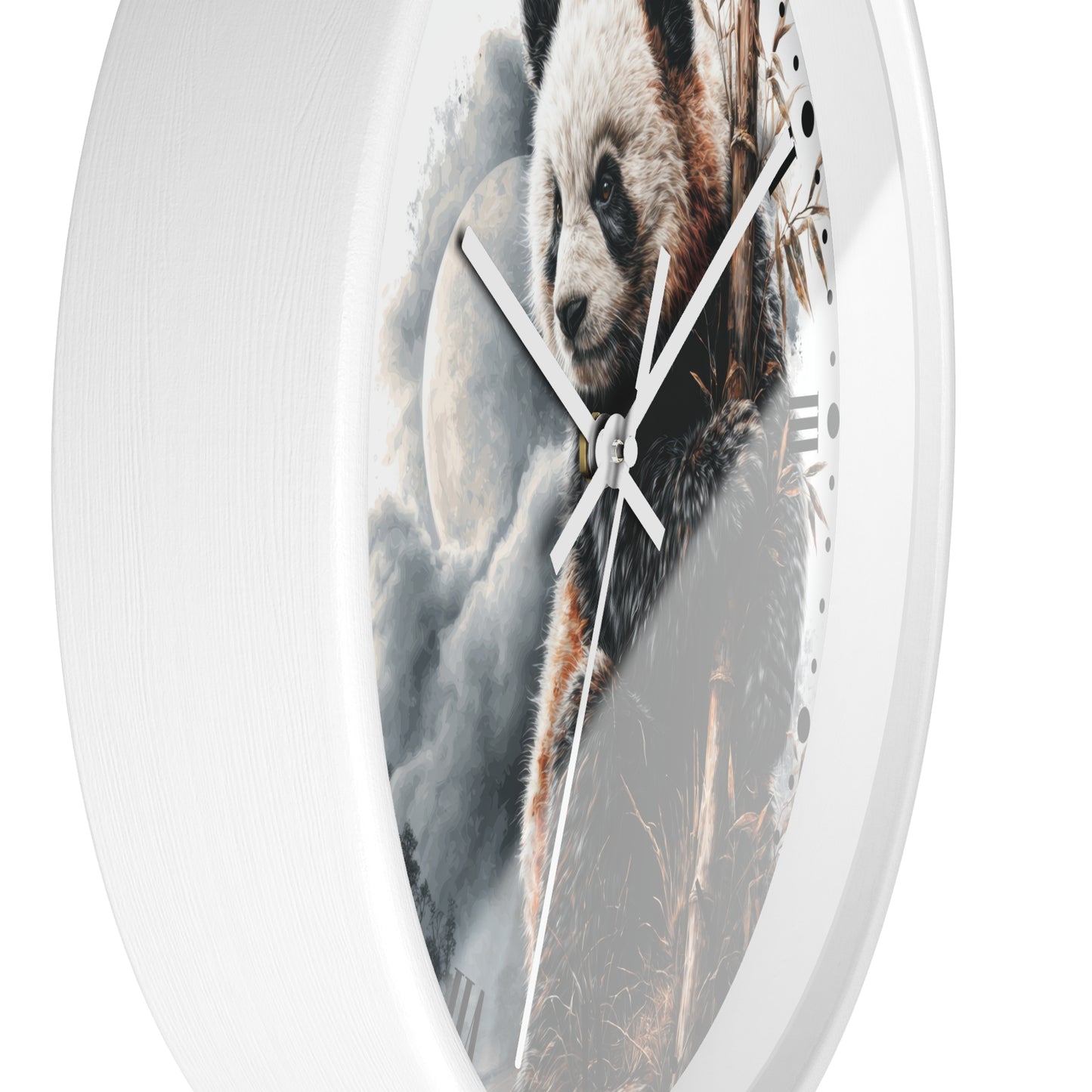 Round white wall clock with a printed panda illustration and cloudy moonlit background, shown against a plain white backdrop.