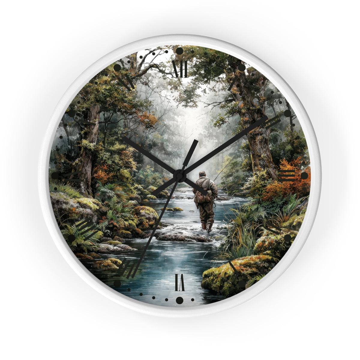 A round wall clock with a white frame and black hands, featuring a scenic forest illustration of a person walking along a stream. Roman numerals mark the hours, and the clock is centered on a plain white background.