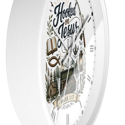 Hooked on Jesus Wall Clock — Christian Fishing & Faith Decor (Mark 1:17)
