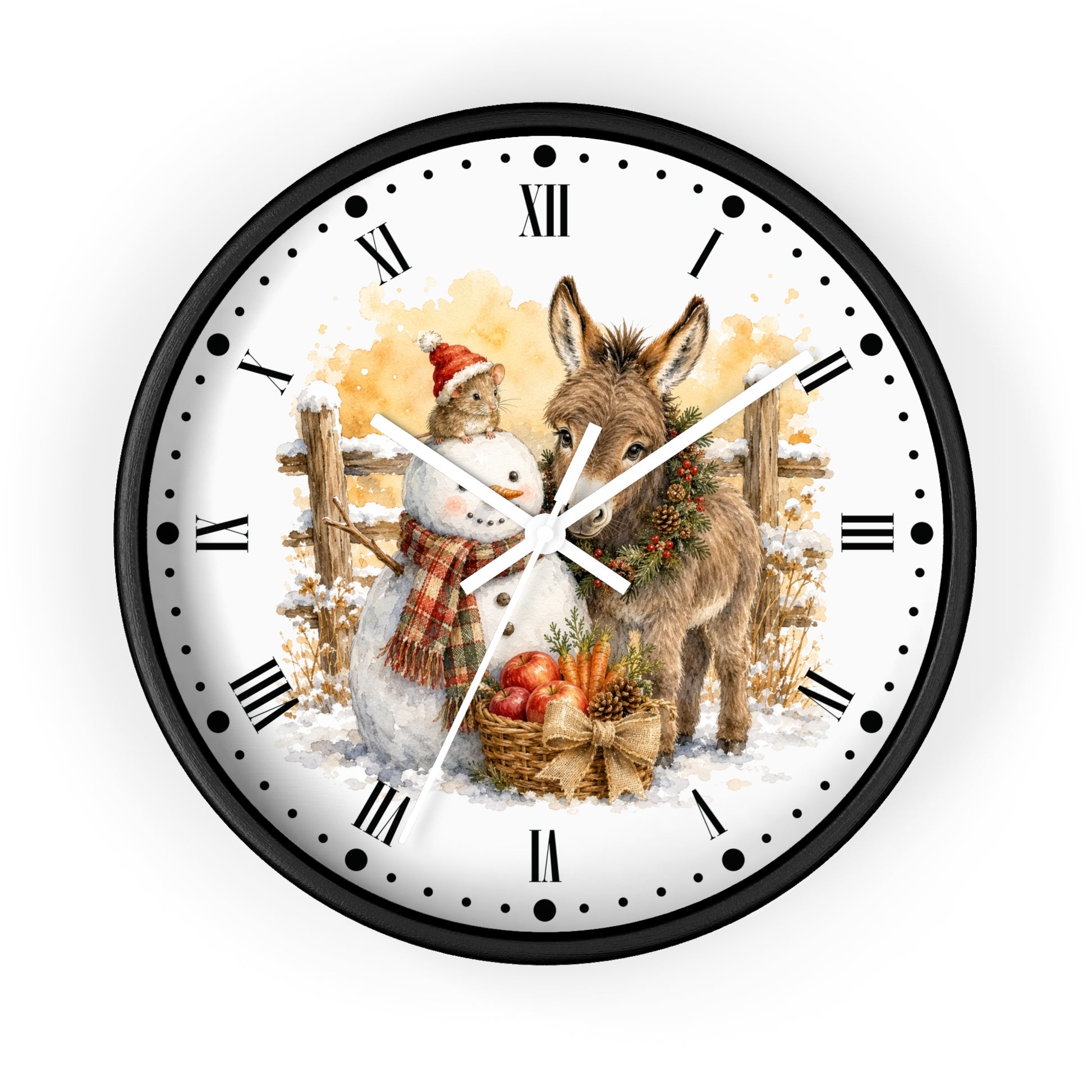 Round wall clock with a black frame and white face, featuring a winter holiday illustration of a snowman and a donkey with Roman numerals on a clean white background.
