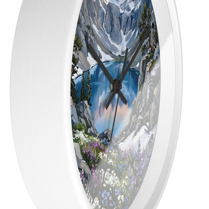 Round wall clock with a white frame and a scenic mountain lake print on the face, photographed against a plain white background.