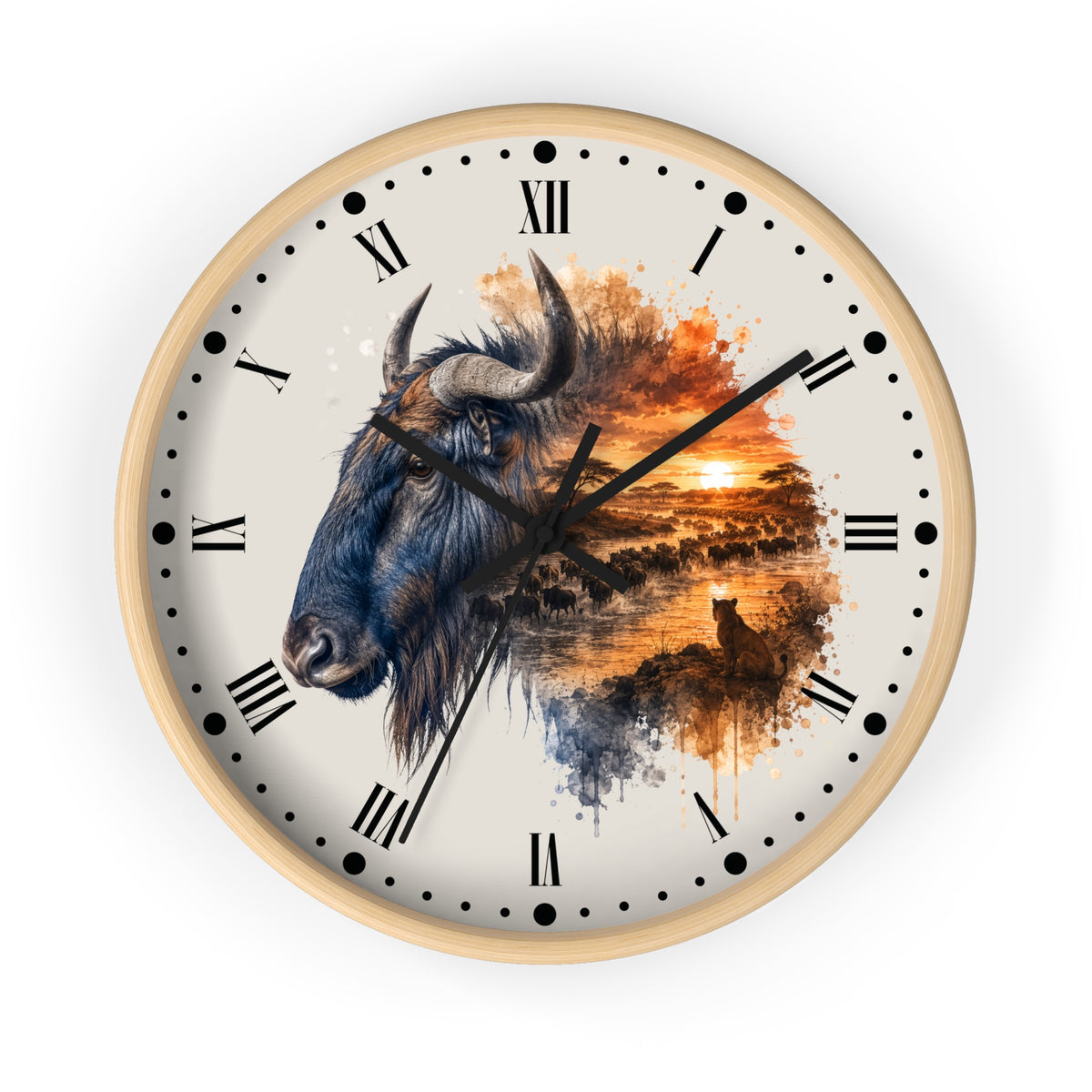 A round wall clock with a light wood frame and a cream-colored face, featuring a watercolor-style illustration of a blue wildebeest alongside an African savanna sunset scene with an orange sun and a bird. The clock has black Roman numerals and black hands, shown against a plain white background.