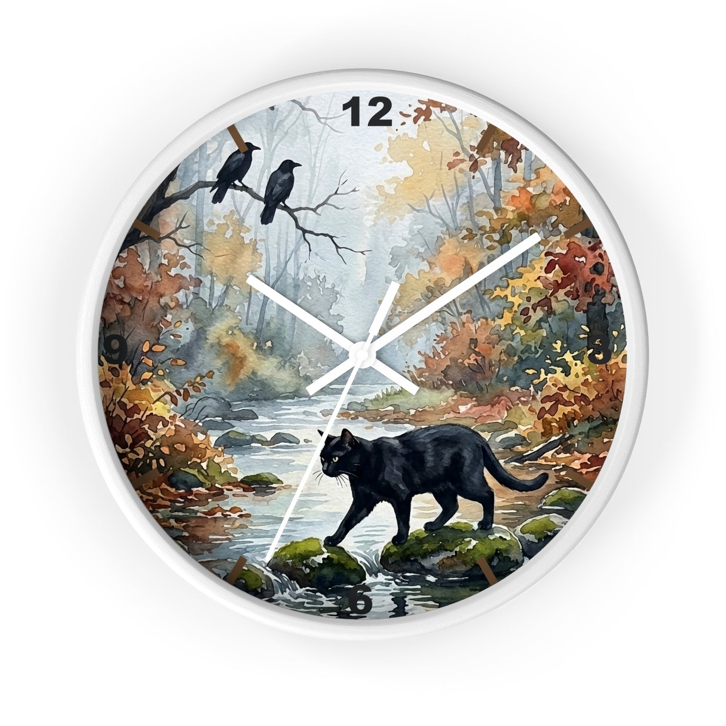 A round wall clock with a white frame and a printed autumn forest face. The artwork shows a black cat walking along a stream, two crows perched on branches, and fall foliage in yellow, orange, and brown tones.