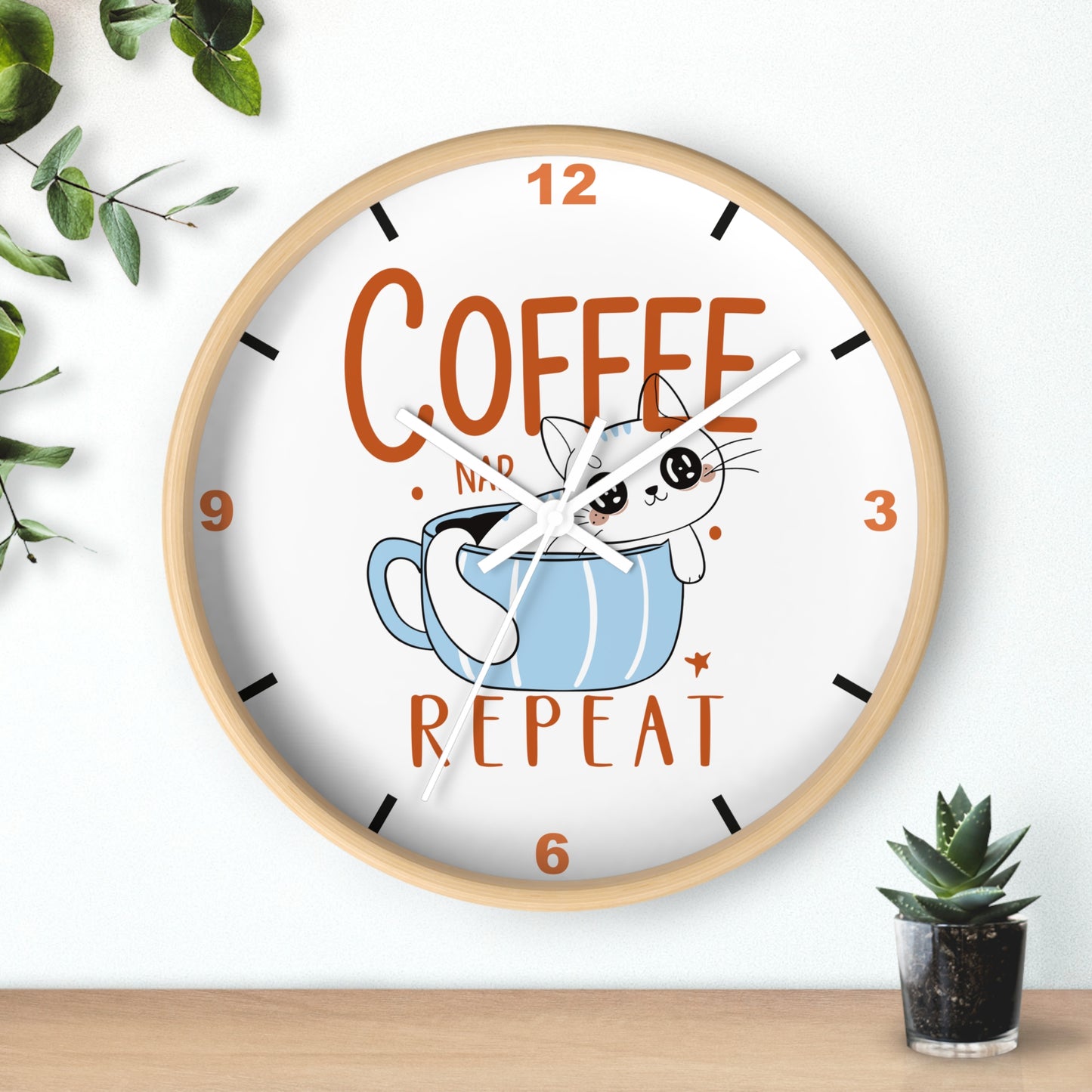 Coffee Nap Repeat Wall Clock | Cute Cat in Mug Kitchen Decor