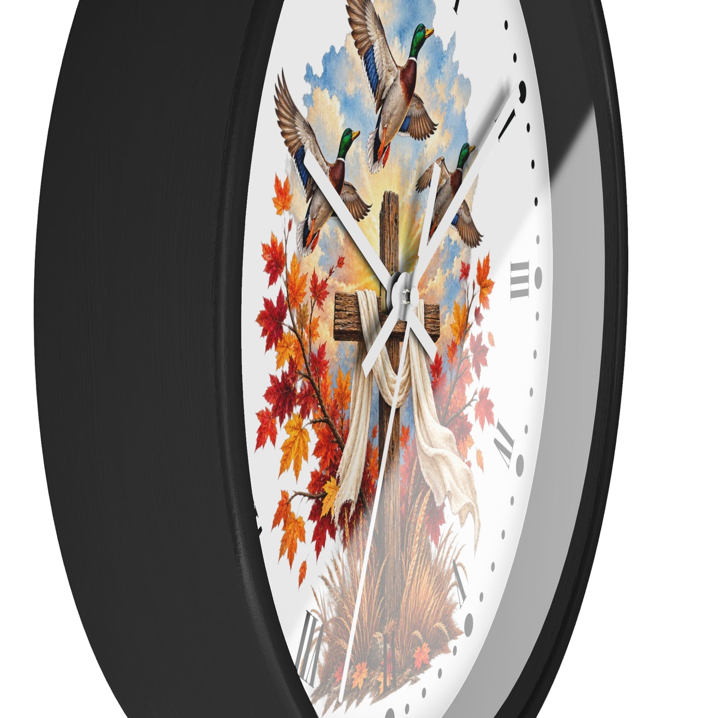 Autumn Cross Wall Clock — Faith Decor with Flying Ducks & Fall Leaves