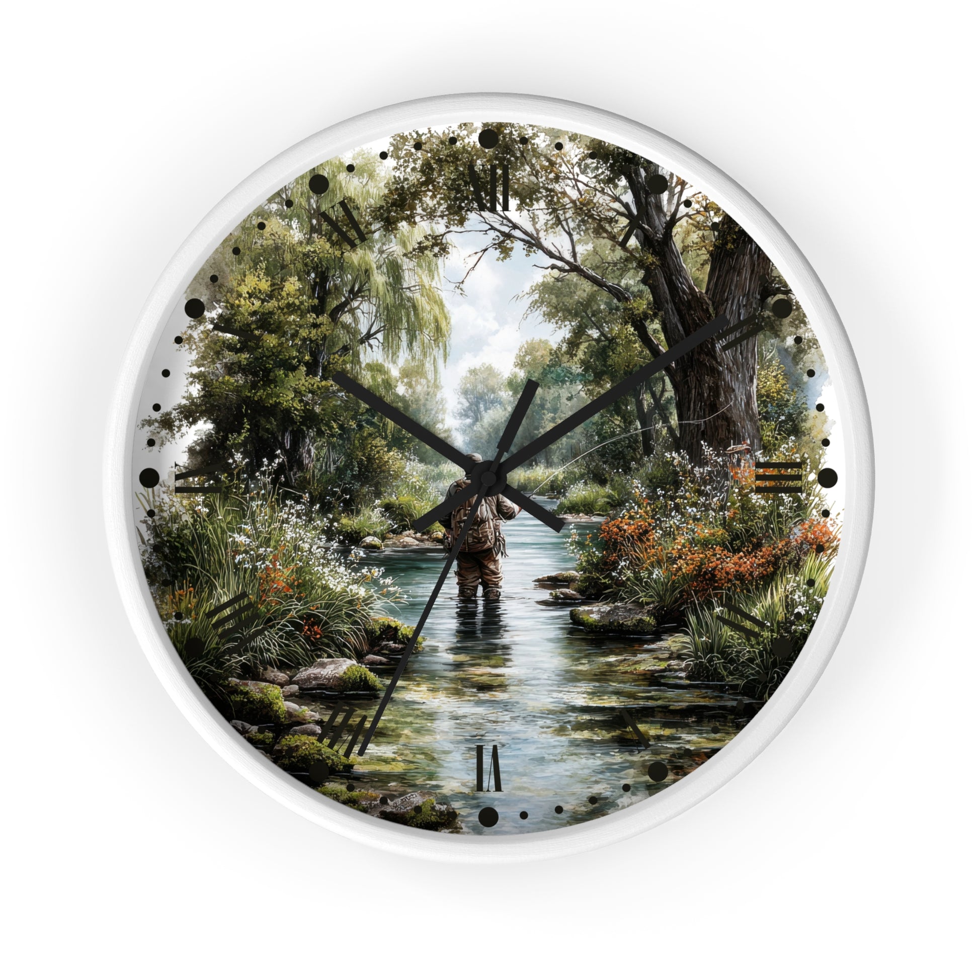 Round wall clock with a white frame and a printed scenic illustration of a fly fisherman standing in a stream surrounded by trees and foliage. The clock has black hands, black hour markers, and is shown against a plain white background.
