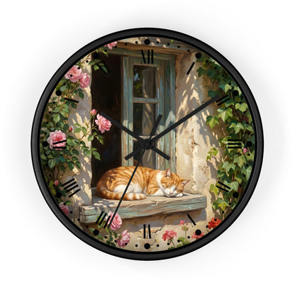 Orange & White Cat Napping Garden Wall Clock — Vintage Floral Window Scene