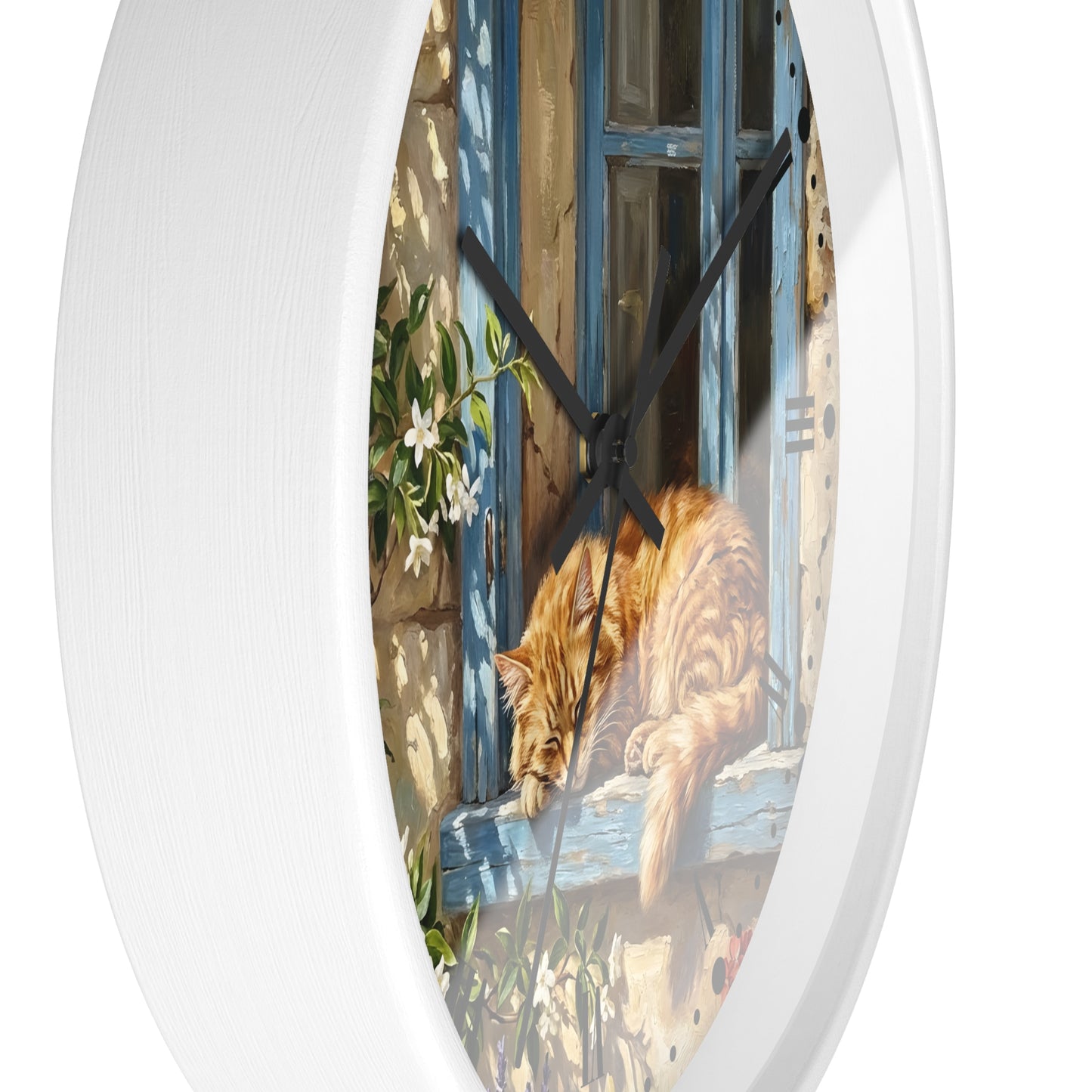 Oval wall clock with a white textured frame and a printed illustration of an orange tabby cat resting on a blue window sill.
