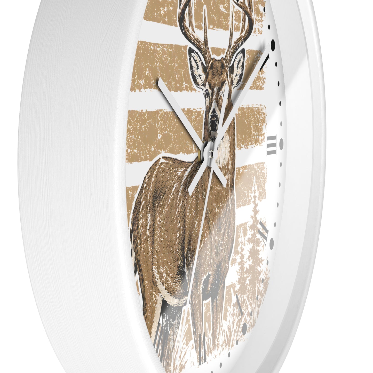 Round wall clock with a white frame and a printed deer illustration on the face, featuring tan and white horizontal stripes and brown animal tones.