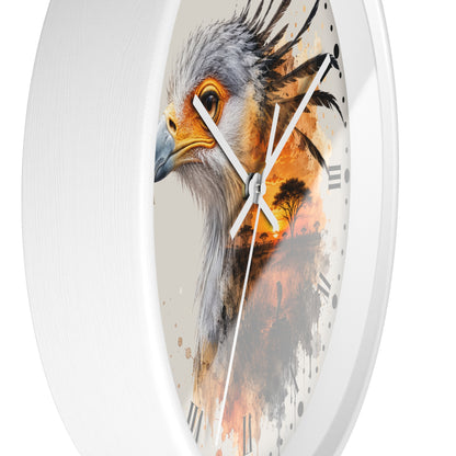 A white round wall clock with a printed bird face design on the face, featuring gray, black, orange, and beige tones with clock hands and Roman numerals.