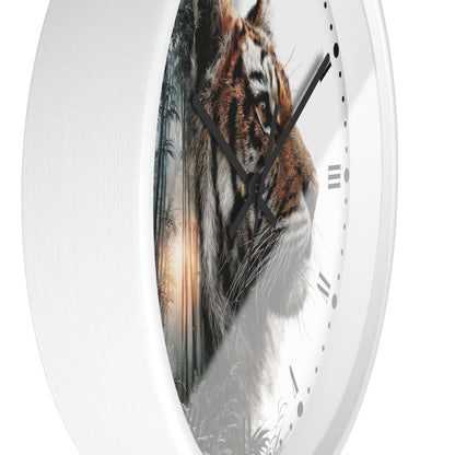 A round white wall clock with a printed design of a tiger's face over a forest scene, shown against a plain white background.