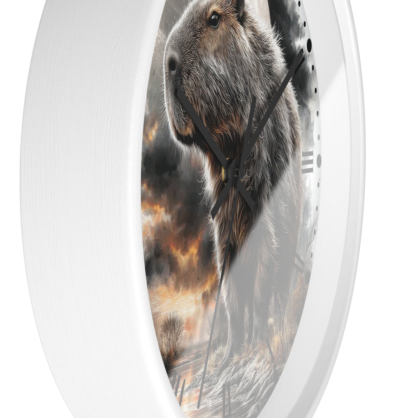 A round wall clock with a white frame and a printed design of a capybara standing in front of a dramatic fiery sky. The clock is shown at an angle against a plain white background.