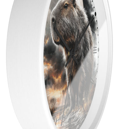A round wall clock with a white frame and a printed design of a capybara standing in front of a dramatic fiery sky. The clock is shown at an angle against a plain white background.