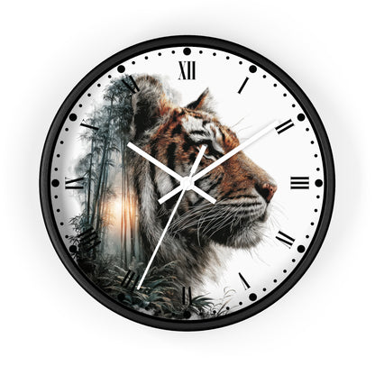 A round wall clock with a black frame and a white face featuring a detailed tiger illustration over a misty forest scene, with black Roman numerals and white hands.