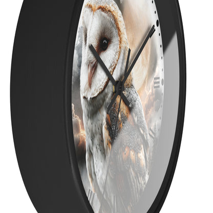 A round wall clock with a black frame and a printed owl face across the dial, shown against a plain white background.