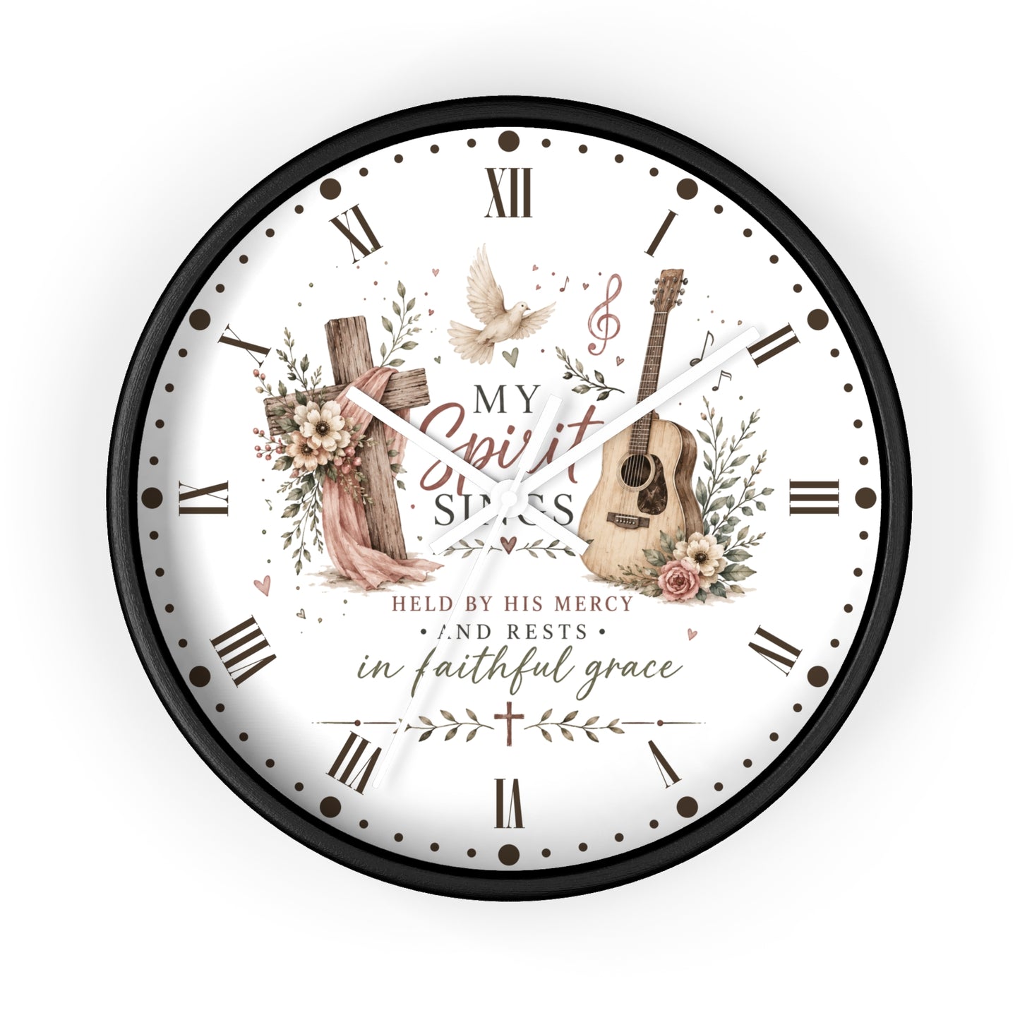 My Spirit Sings Religious Wall Clock — Faith-Inspired Guitar & Cross Home Decor