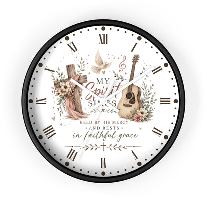 My Spirit Sings Religious Wall Clock — Faith-Inspired Guitar & Cross Home Decor
