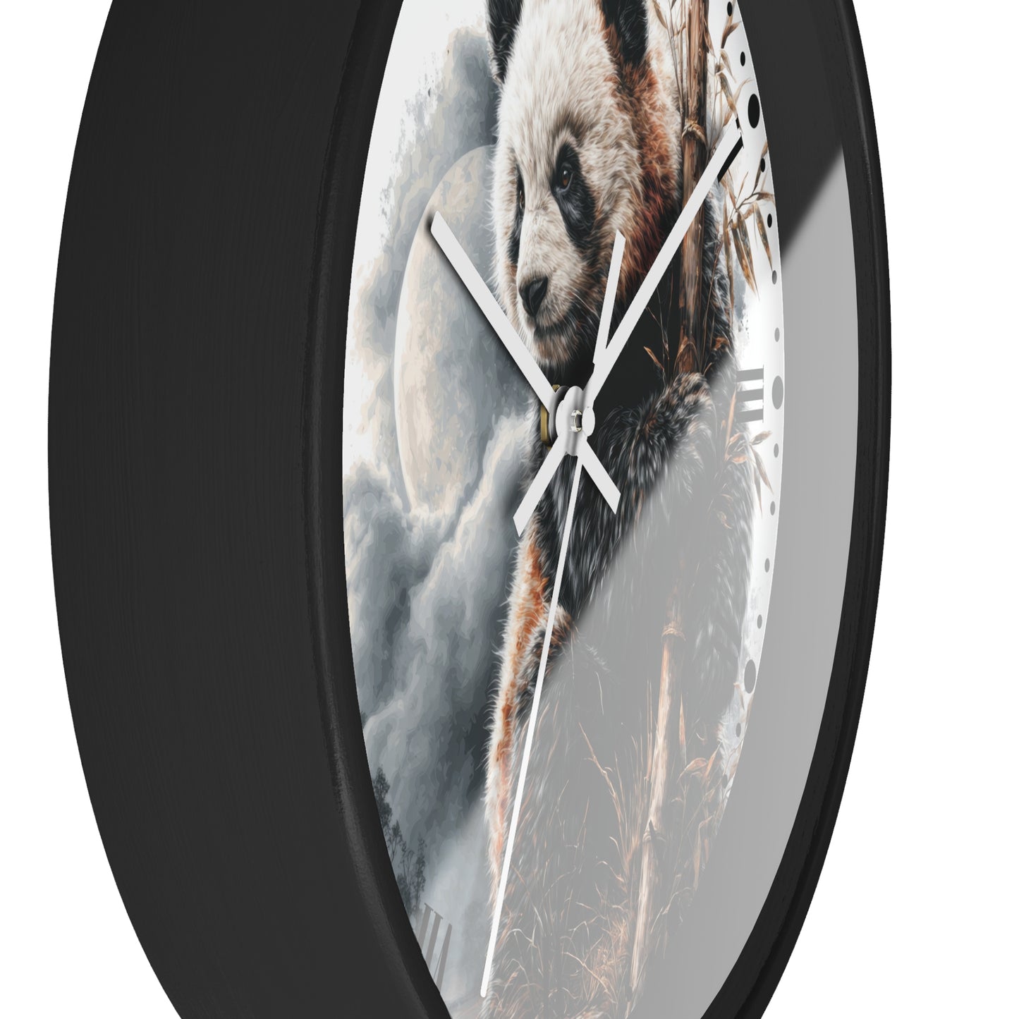 A round wall clock with a black frame and a printed panda illustration on the face, shown against a plain white background.