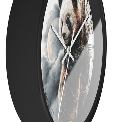 A round wall clock with a black frame and a printed panda illustration on the face, shown against a plain white background.