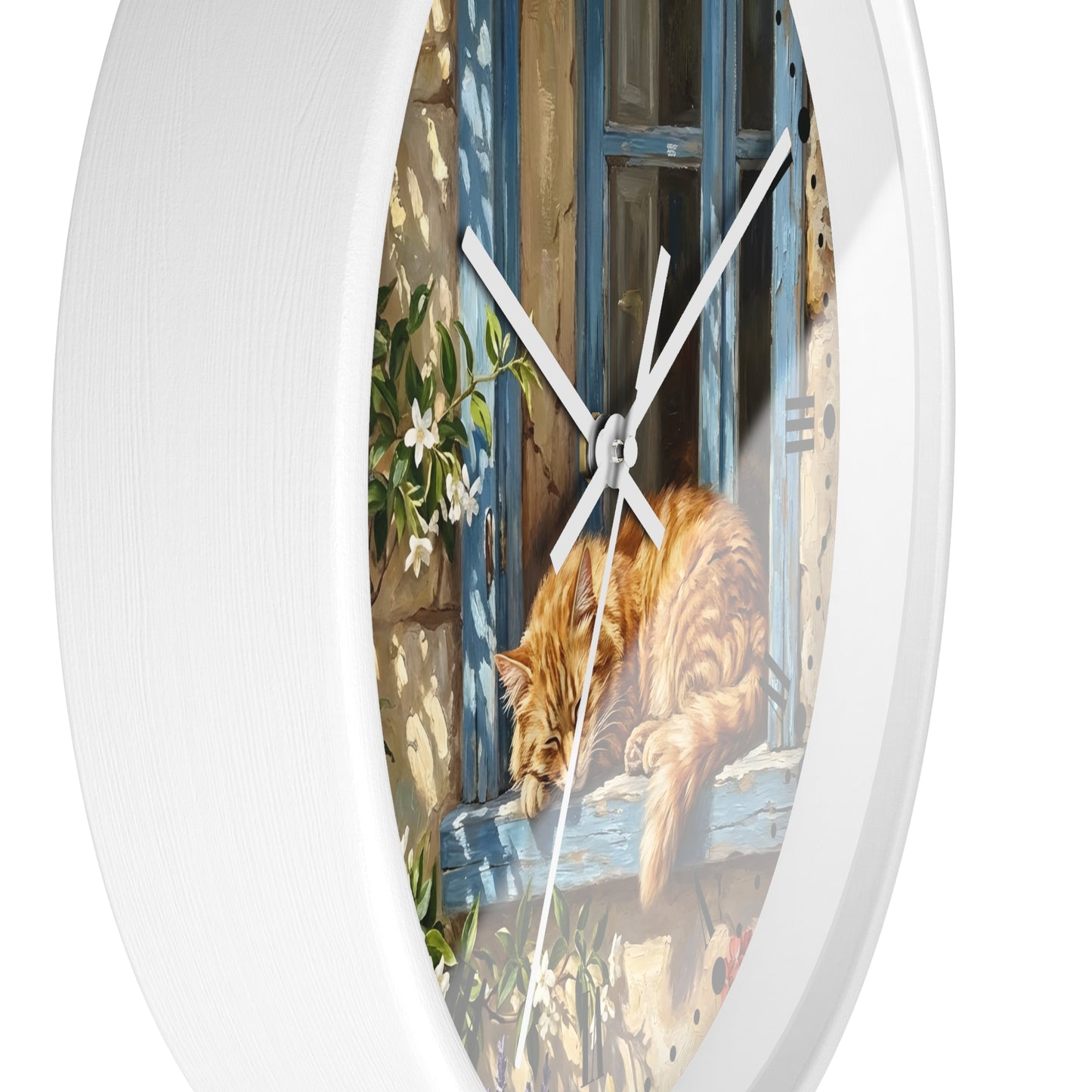Oval white wall clock with a printed illustration of an orange tabby cat resting on a weathered blue window sill.