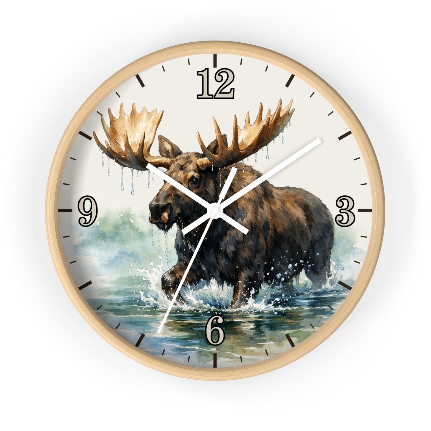 Round wall clock with a light wood frame and a printed moose in the water design on the face, shown against a plain white background.