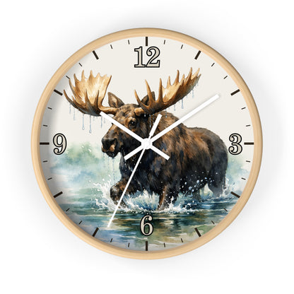 Round wall clock with a light wood frame and a printed moose in the water design on the face, shown against a plain white background.