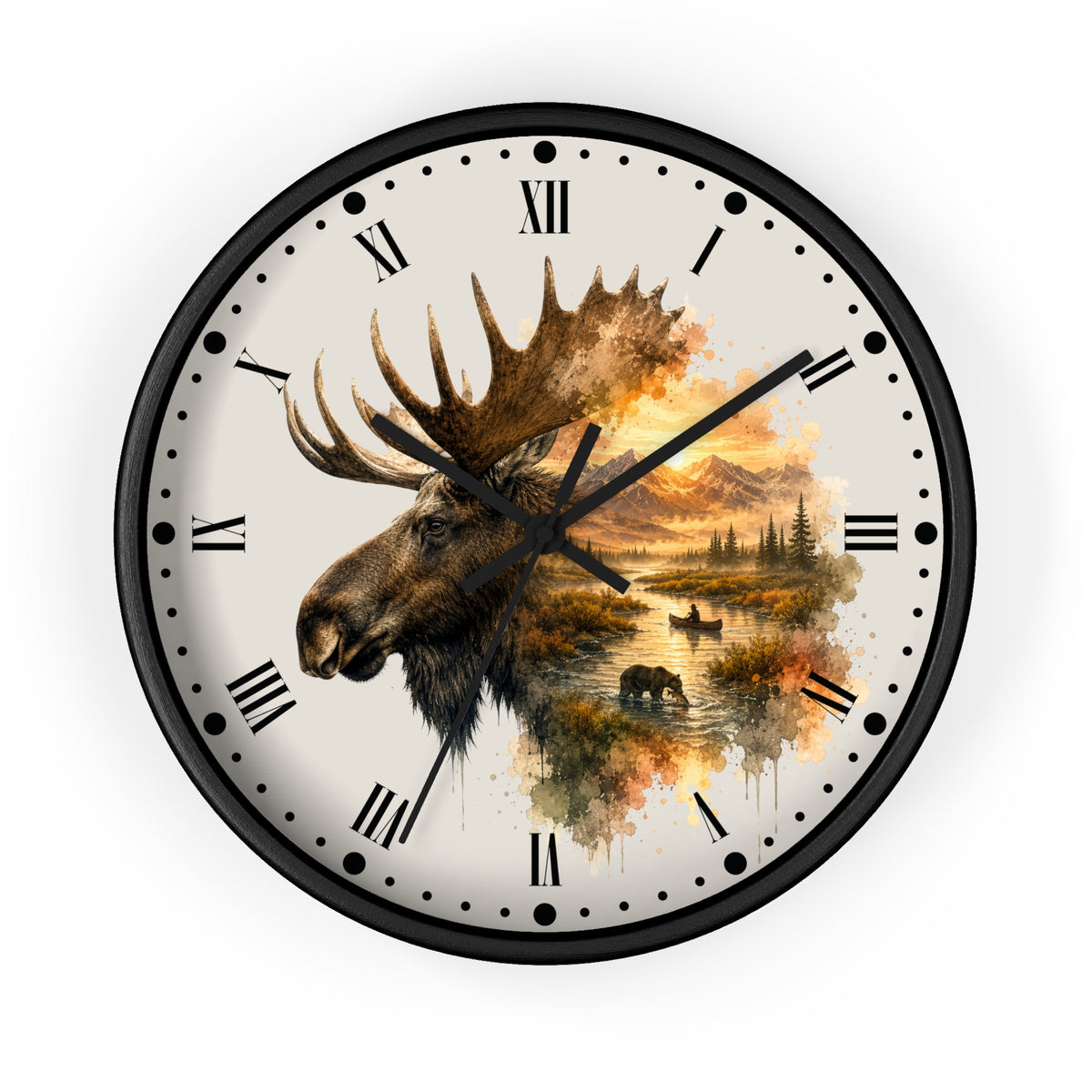 Round wall clock with a black frame and a cream-colored face featuring a moose head illustration and an autumn landscape scene with water, trees, and bears. Roman numerals mark the hours, with black hands and small dot indicators.