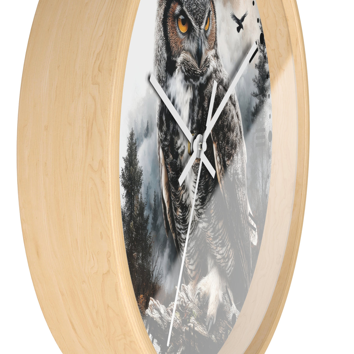 Round wall clock with a light natural wood frame and a printed owl scene on the face, shown against a plain white background.