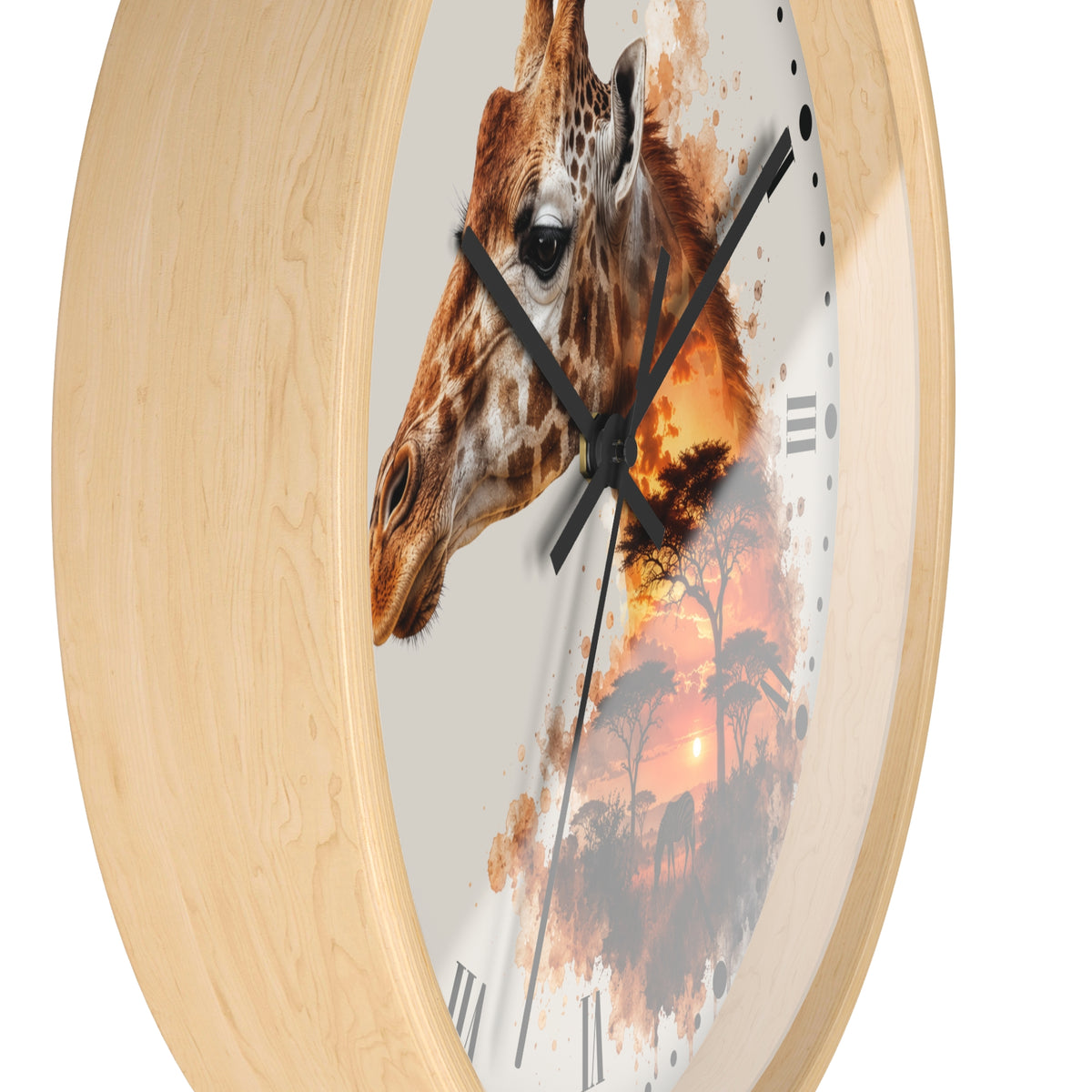 Round wall clock with a light natural wood frame and a printed dial featuring a giraffe head over a warm sunset landscape with trees and Roman numerals.