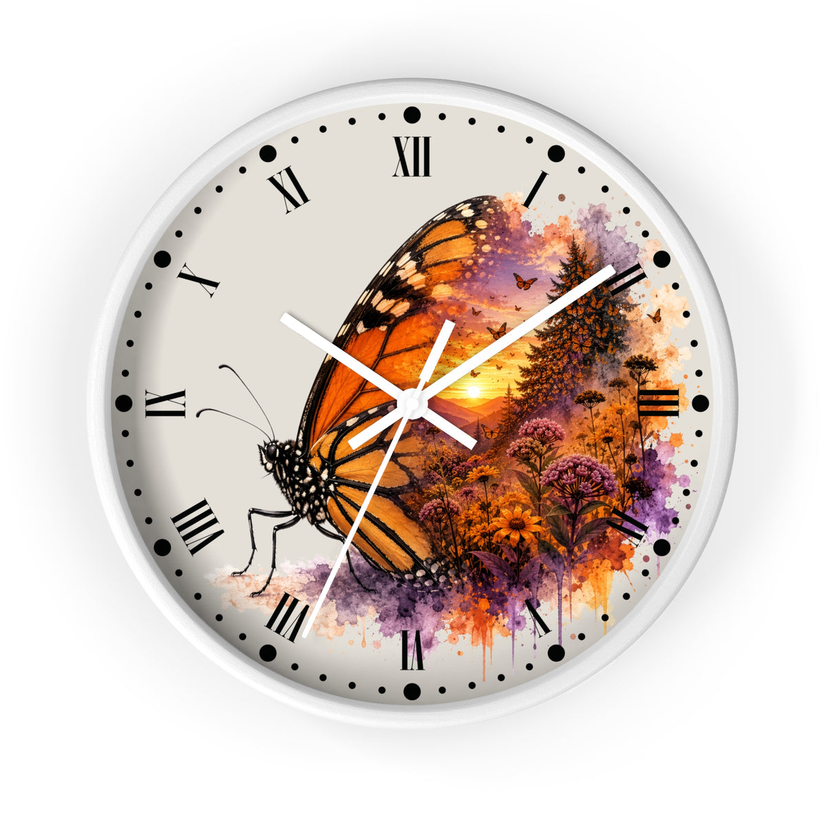 A round wall clock with a white frame and a printed dial featuring a large orange-and-black butterfly over a colorful floral and sunset scene. The clock has black Roman numerals and black dot hour markers on a white background.