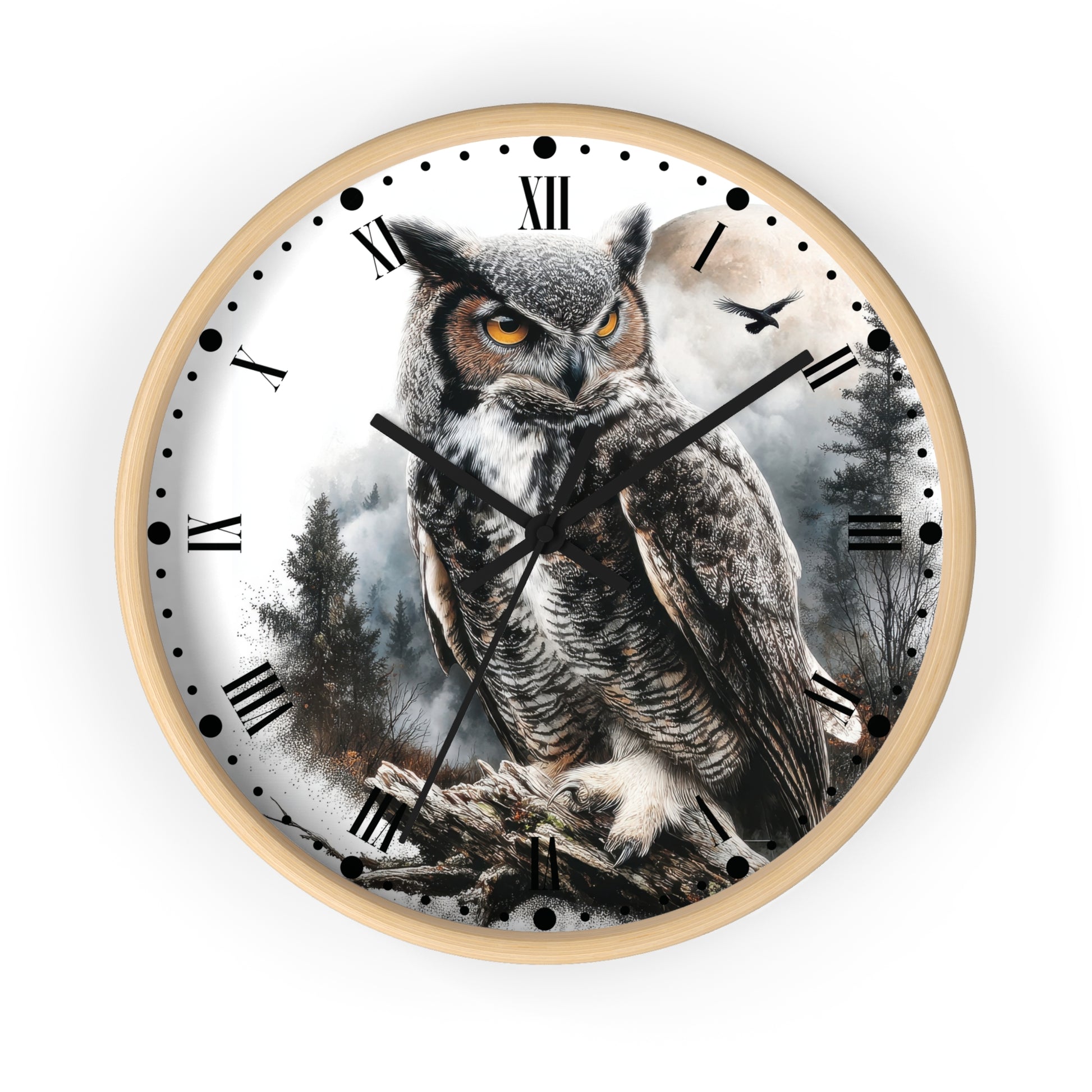 Round wall clock with a light wood frame and a printed owl scene on the face. The design shows a large brown and gray owl perched on branches against a misty forest background, with black Roman numerals and black clock hands on a white dial.