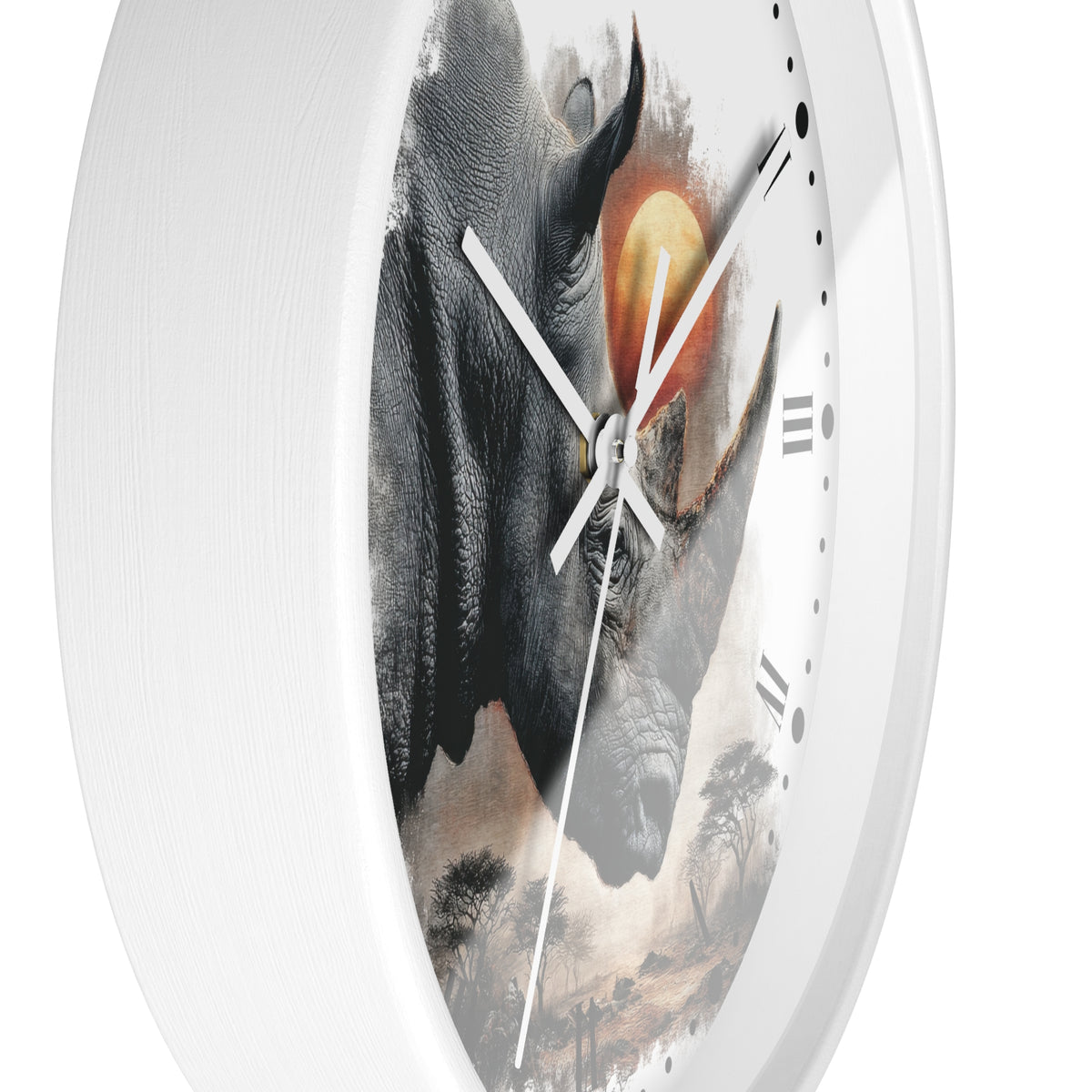 A white round wall clock with a printed rhinoceros and savanna scene on the face, shown against a plain white background.