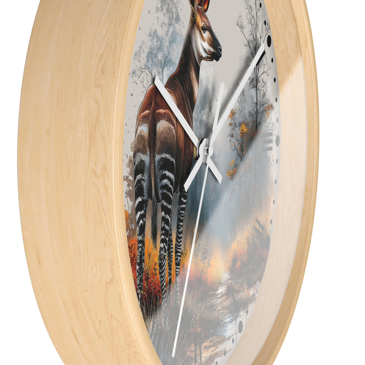 Round wall clock with a light natural wood frame and a printed zebra deer artwork on the face, shown against a plain white background.