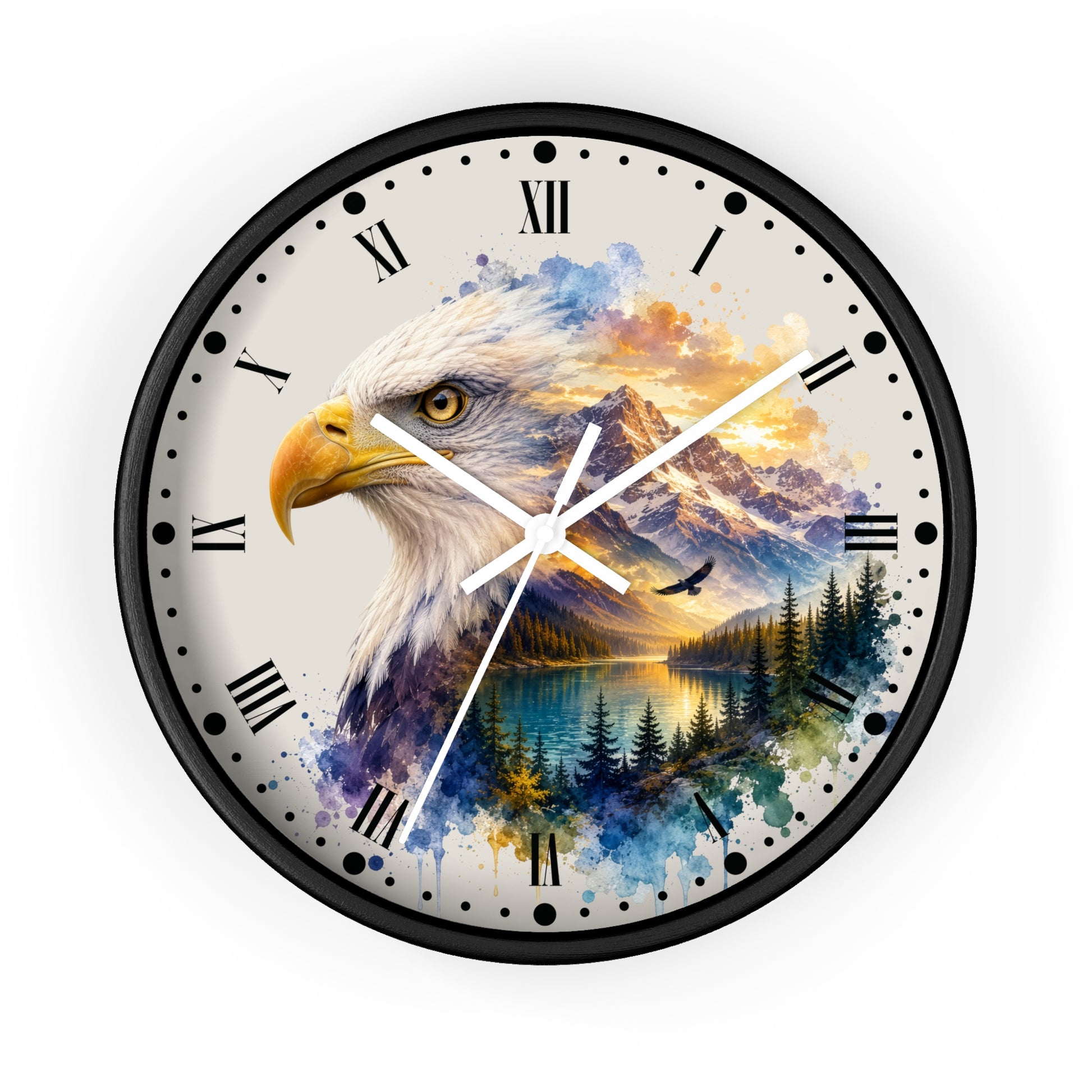 A round wall clock with a black frame and Roman numeral hour markers, featuring a watercolor-style design of a bald eagle over a mountain lake landscape on a light beige face.