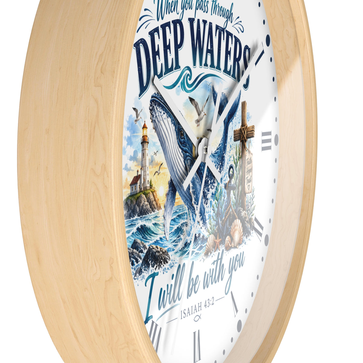 Christian Inspirational Wall Clock — 'When You Pass Through Deep Waters' (Isaiah 43:2)