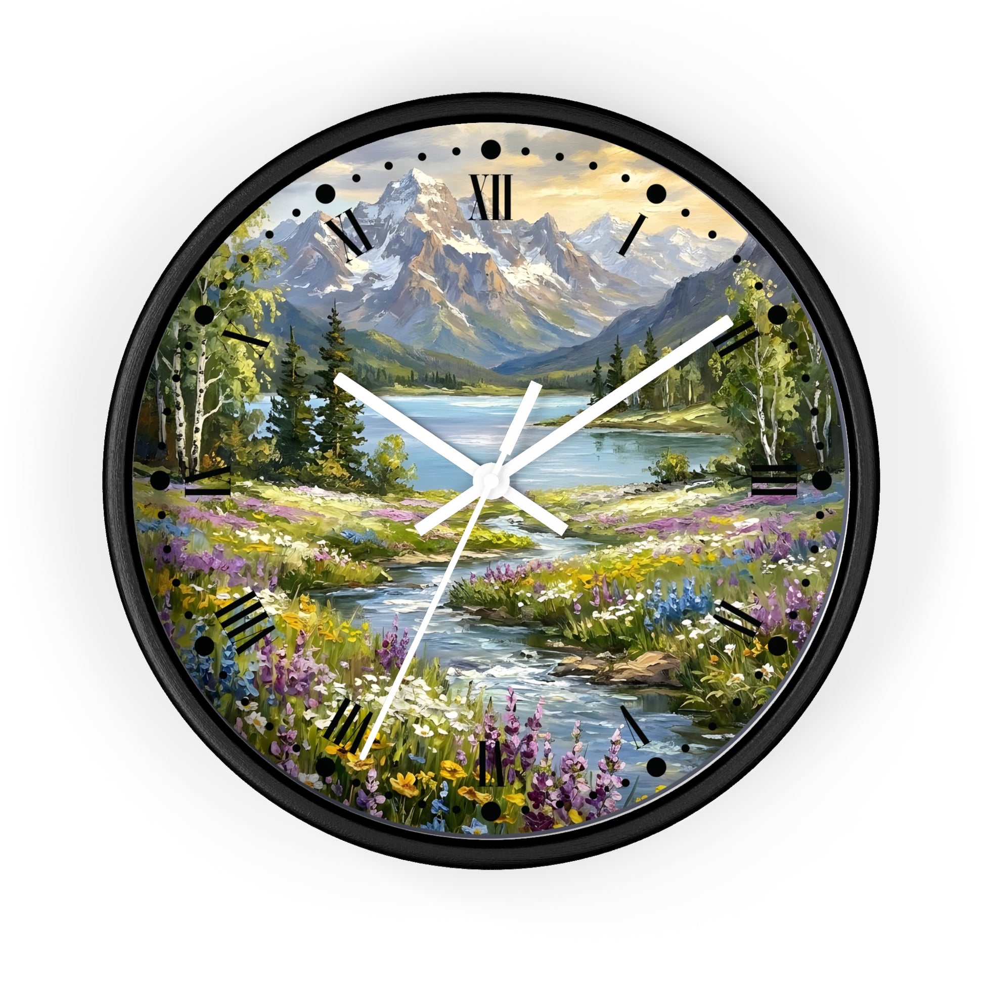 A round wall clock with a black frame and a scenic landscape print featuring mountains, a lake, trees, and a wildflower meadow. The clock face has black Roman numerals and white hands, shown against a plain white background.
