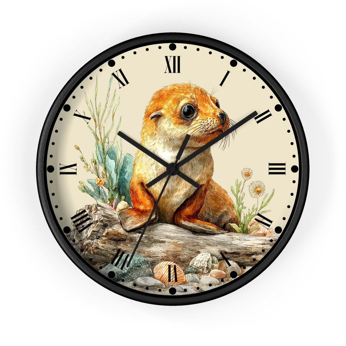 A round wall clock with a black frame and a cream-colored face, featuring a detailed illustration of a seal pup sitting on a log with plants and shells. The clock has black Roman numerals and black hands.