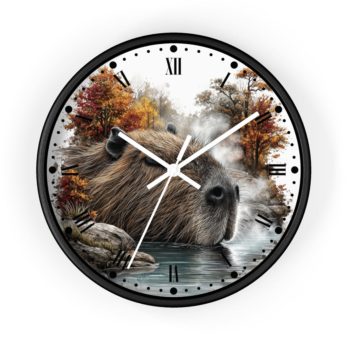 Capybara Autumn Wall Clock with Roman Numerals — Nature-Inspired Animal Decor