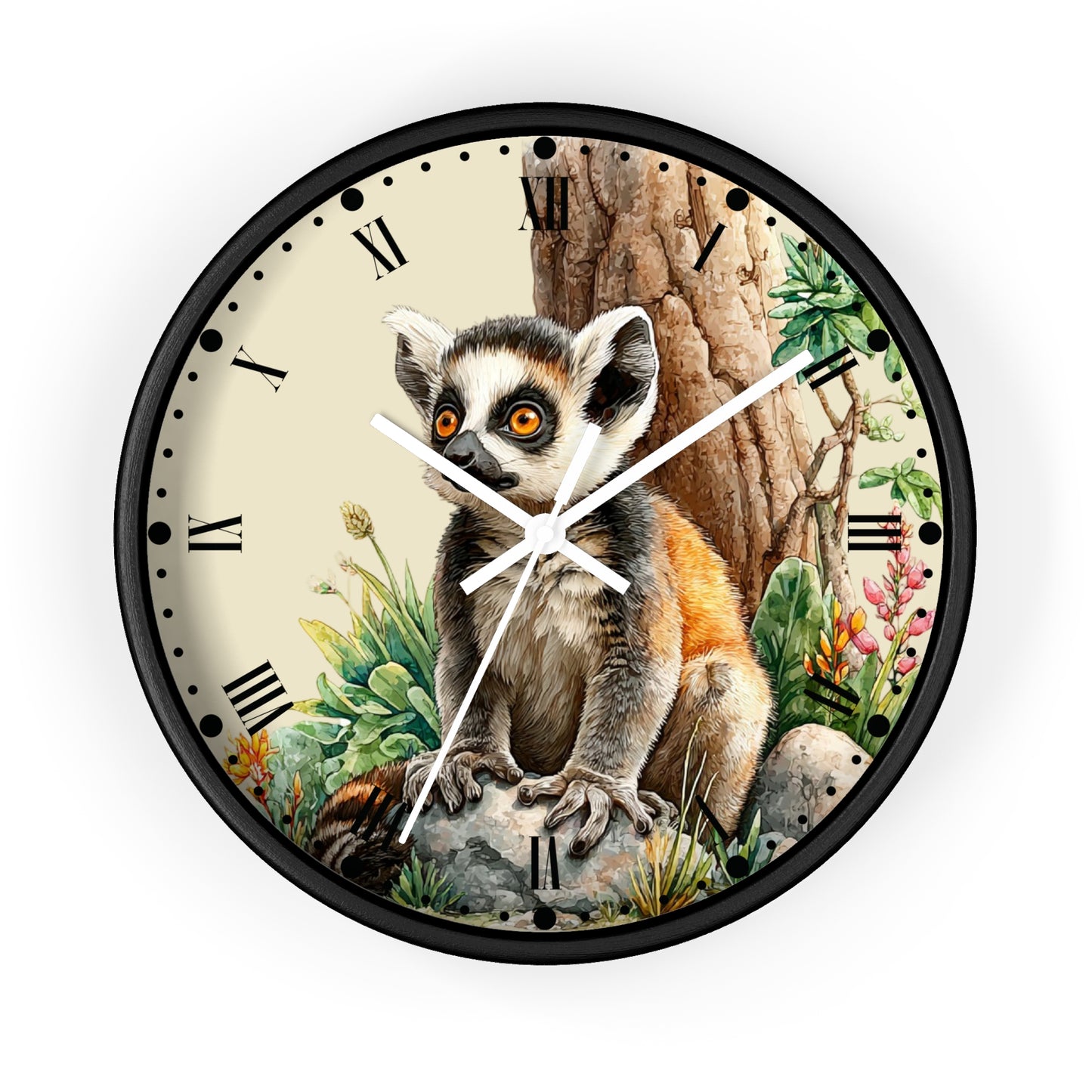 Round wall clock with a black frame and a detailed illustration of a ring-leopard sitting in front of a tree trunk, with Roman numerals on a cream-colored dial.