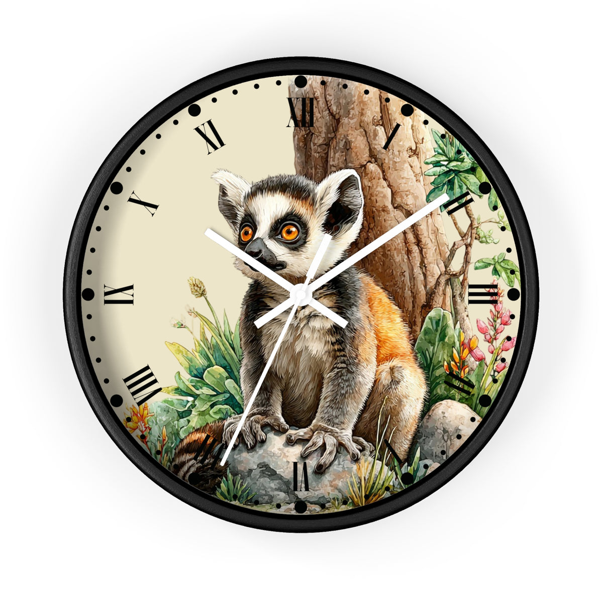 Round wall clock with a black frame and a detailed illustration of a ring-leopard sitting in front of a tree trunk, with Roman numerals on a cream-colored dial.