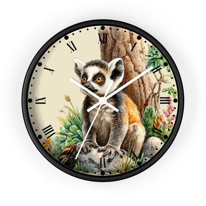 Round wall clock with a black frame and a detailed illustration of a ring-leopard sitting in front of a tree trunk, with Roman numerals on a cream-colored dial.