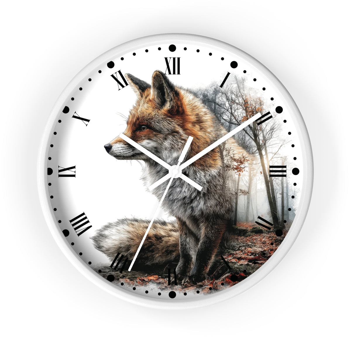 A round wall clock with a white frame and face, featuring a detailed illustration of a fox in a misty forest. The clock has black Roman numerals and simple white hands.